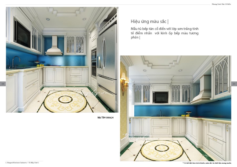 Thiết kế phòng bếp biệt thự tân cổ điển màu trắng